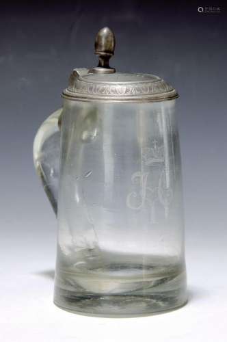 Glass tankard with pewter fittings with the monogram of