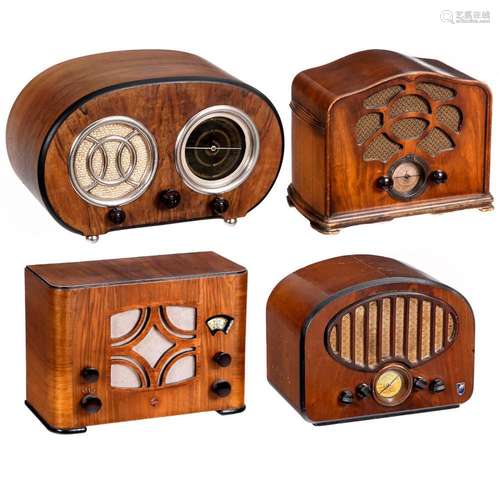 Four Small Radio Receivers in Wood Cases