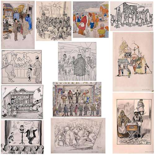 Twelve Original Illustrations of Market and Fairground Scene...