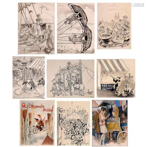 Nine Original Fairground Drawings for the "Fliegende Bl...