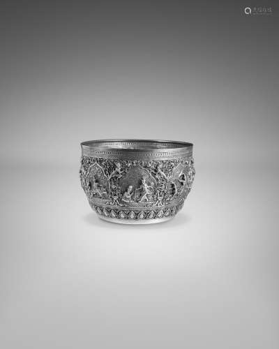 A SILVER OFFERING BOWL WITH SCENES FROM THE RAMAYANA LOWER B...