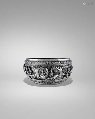 A SILVER OFFERING BOWL WITH SCENES FROM THE JATAKA TALES BUR...