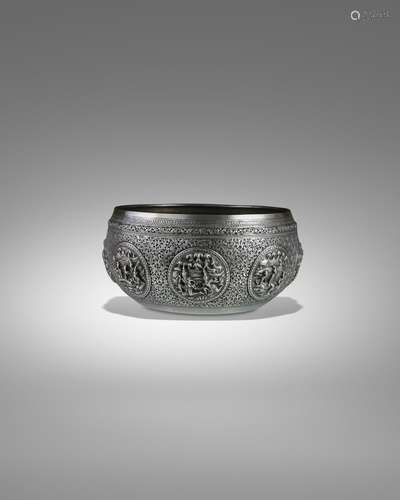 A SILVER OFFERING BOWL WITH SCENES FROM THE SAMA JATAKA LOWE...