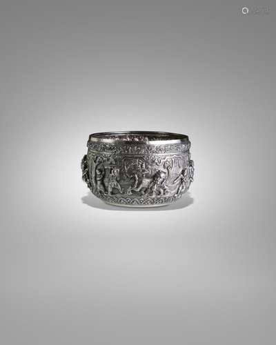 A SILVER OFFERING BOWL WITH SCENES FROM THE TAUNGPYONE LEGEN...