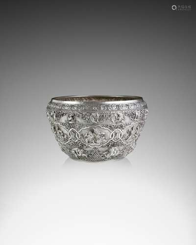 A SILVER PIERCED OFFERING BOWL WITH SCENES FROM THE RAMAYANA...