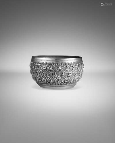 A SILVER OFFERING BOWL WITH ANIMALS AND FIGURES FROM MYTHS, ...