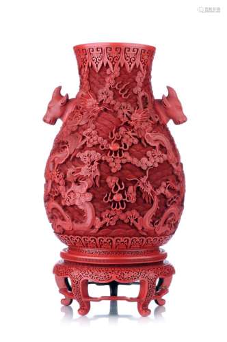 A rare large cinnabar lacquer Hu-form vase with stand, China...