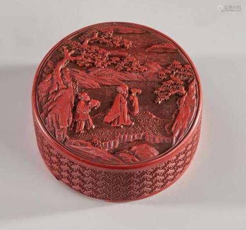 CHINE BOITE RONDE en laque de Cinabre rouge finement sculpté...