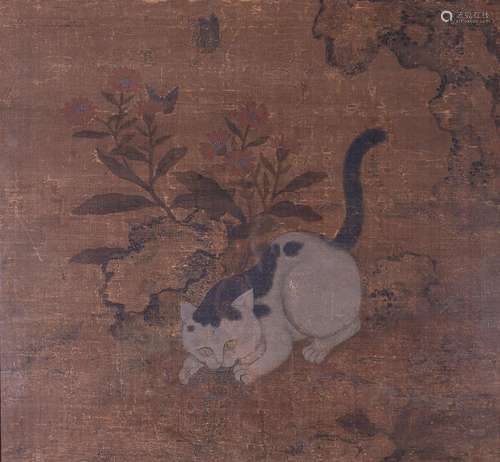 CHINE, 17/18ème siècle. Peinture représentant un chat dans u...