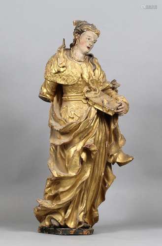 Statue de Sainte en bois sculpté doré et polychrome du XVIII...