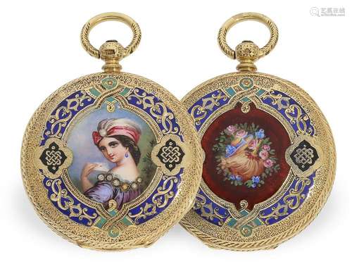 Pocket watch: fine gold/enamel pocket watch with painting an...