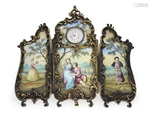 Very rare Viennese Néo Rococo table clock in paravant form w...