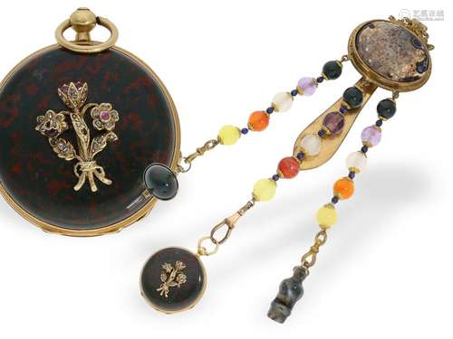 Magnificent gold miniature lepine with jasper case and chate...