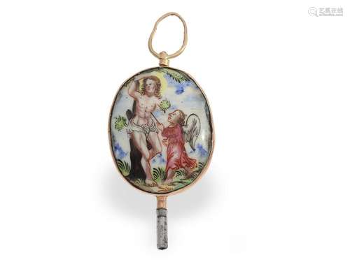 Extremely rare gold verge watch key with enamel painting, pr...