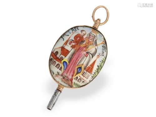 Unique, extremely rare verge watch key with enamel painting,...