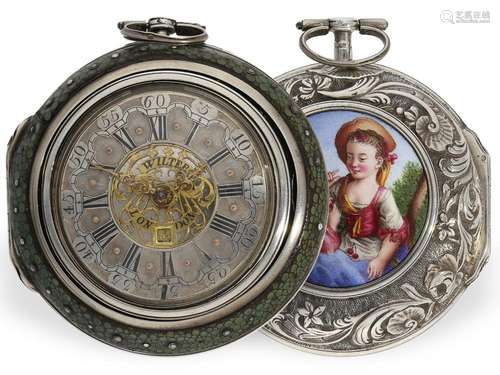 Exceptionally large triple case repoussé verge watch with fi...