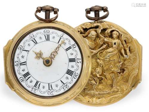 Pocket watch: exceptional early repoussé pair case verge wat...