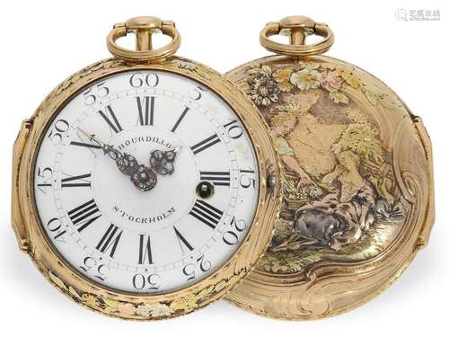 Magnificent, large 4-coloured Rococo verge watch with diamon...