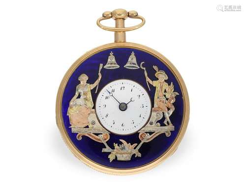 Large gold/enamel pocket watch with repeater and figure auto...