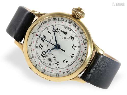 Very rare, early Longines 18K gold chronograph with crown pu...