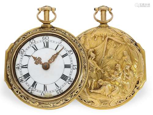 Pocket watch: exquisite, early repoussé pair case cylinder w...