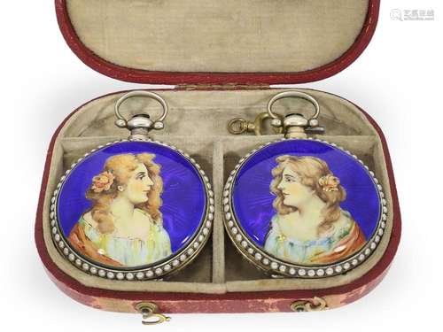 Museal pair of 'MIRROR-IMAGE' enamel watches with pa...