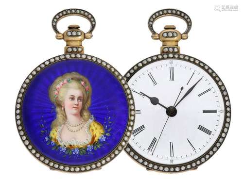 Pocket watch: exceptionally large enamel watch with pearl se...