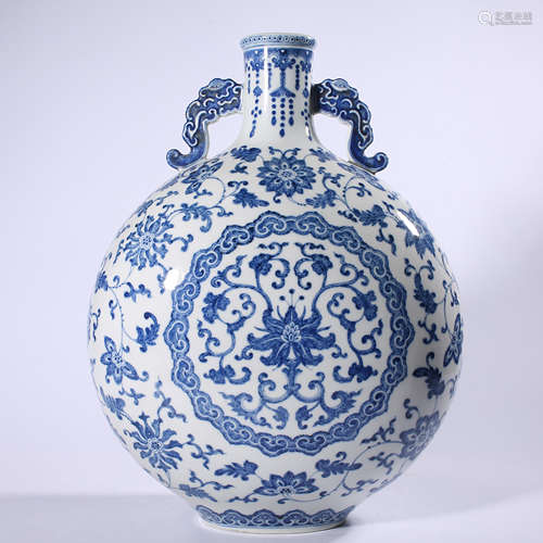 Blue and white flat bottle