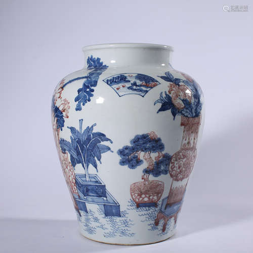 Blue and white underglaze red jar