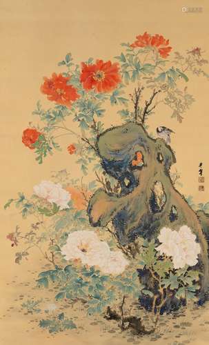 A Chinese School Painting, depicting flowers and rockwork