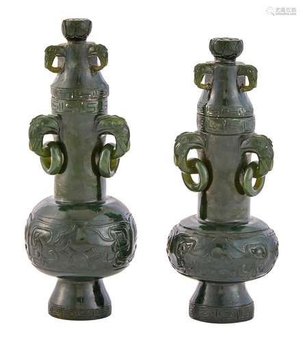 A Pair of Chinese Spinach Jade Vases and Covers