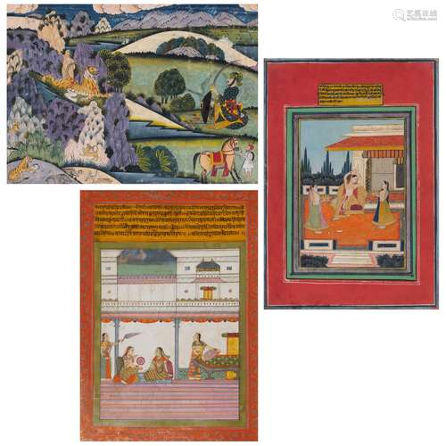 Three Indian Mughal-Style Painted Miniatures 19th Century In...