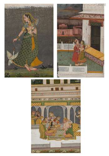 Three Indian Mughal-School Painted Miniatures 19th Century E...