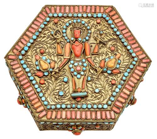 A Tibetan or Nepalese Hardstone-Embellished Brass Box