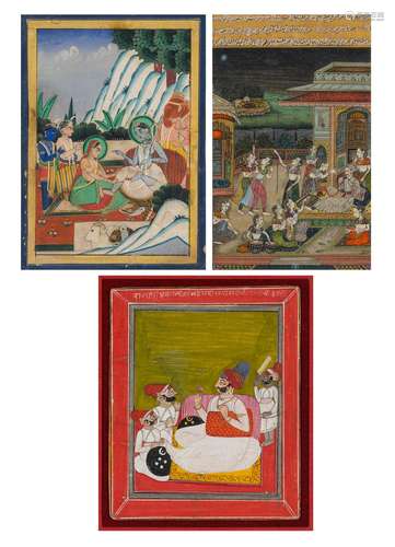 Three Indian School Painted Miniatures 19th Century Depictin...