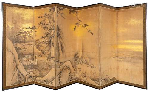 A Japanese Six-Fold Painted Screen, depicting figures in an ...