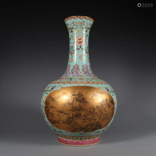 Famille Rose Gold Vase with the Pattern of Landscape and Fig...