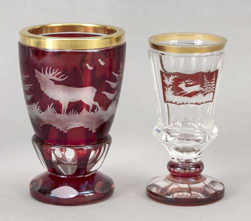 Two footed glasses, probably Bohemia,