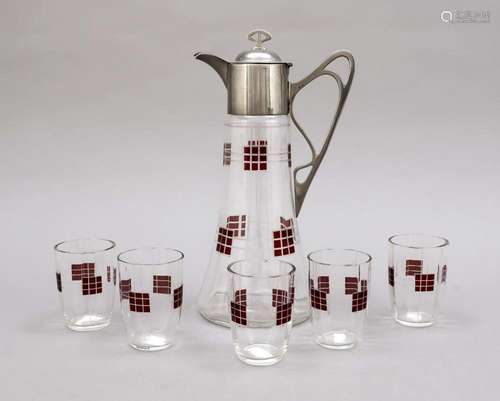 Carafe with handle and five glasses,