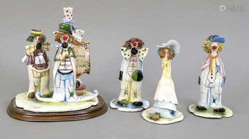 Four groups of figures, 5 clowns and