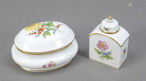 Oval lidded box and small tea caddy,