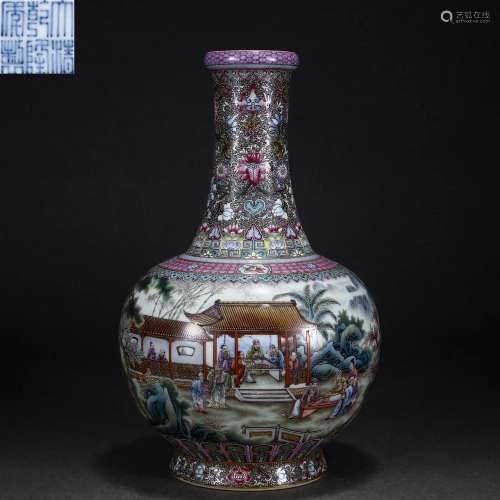 A Chinese Famille Rose Figural Story Bottle Vase Qing Dyn.