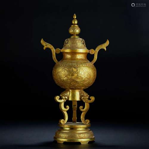 A Chinese Bronze-gilt Incense Burner Qing Dyn.