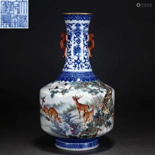 A Chinese Famille Rose Deers and Cranes Vase Qing Dyn.