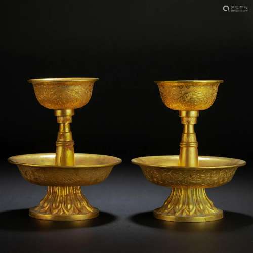 Pair Chinese Bronze-gilt Lamp Holders Qing Dyn.
