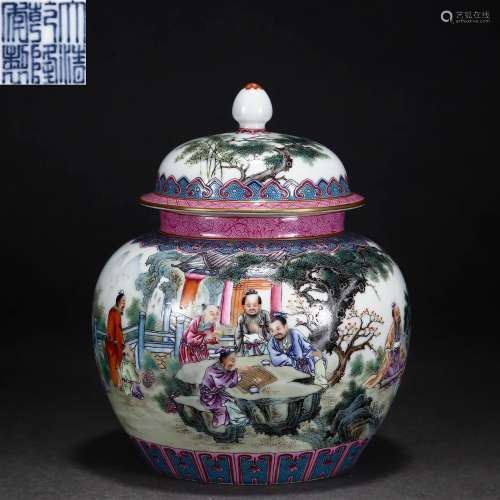 A Chinese Famille Rose Figural Story Jar with Cover Qing Dyn...