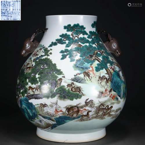 A Chinese Famille Rose Deers Zun Vase Qing Dyn.