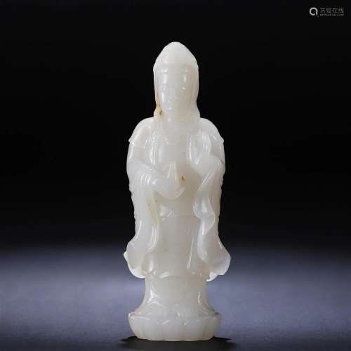 A Chinese Carved White Jade Standing Guanyin Qing Dyn.