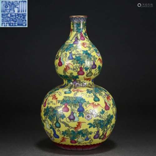 A Chinese Yellow Ground and Famille Rose Double Gourds Vase ...