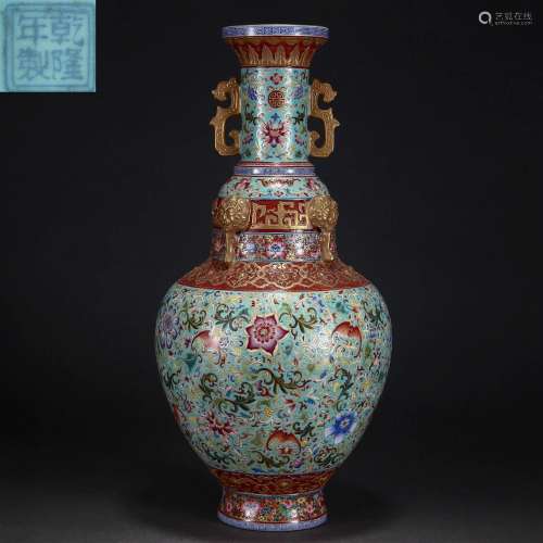 A Chinese Falangcai Glazed and Gilt Vase Qing Dyn.